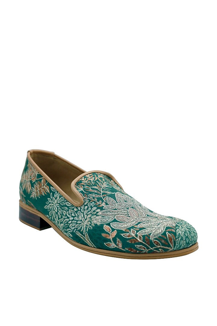 Green Micro-Suede Embroidered Handcrafted Loafers by PAKO at Pernia's Pop Up Shop