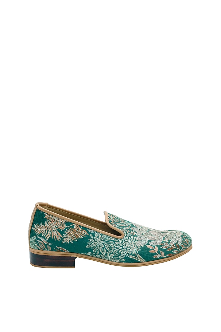 Green Micro-Suede Embroidered Handcrafted Loafers by PAKO at Pernia's Pop Up Shop