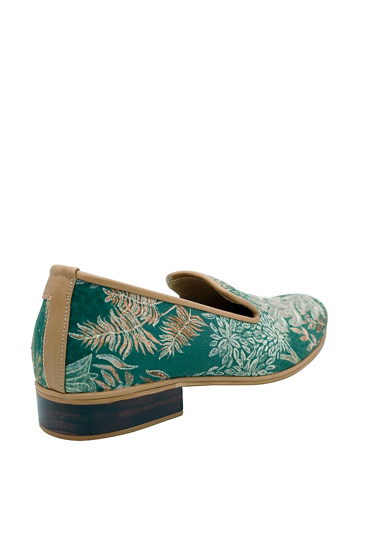 Green Micro-Suede Embroidered Handcrafted Loafers by PAKO at Pernia's Pop Up Shop