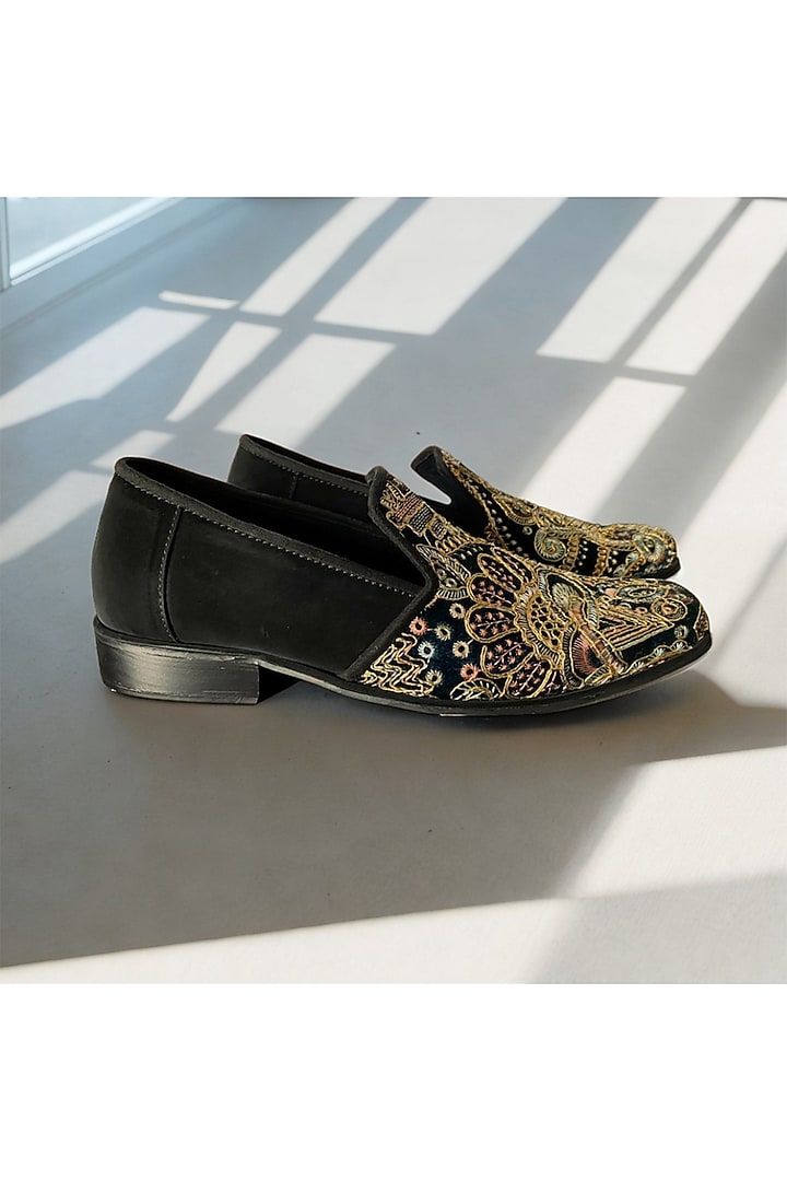 Black Suede Embroidered Handcrafted Loafers by PAKO at Pernia's Pop Up Shop