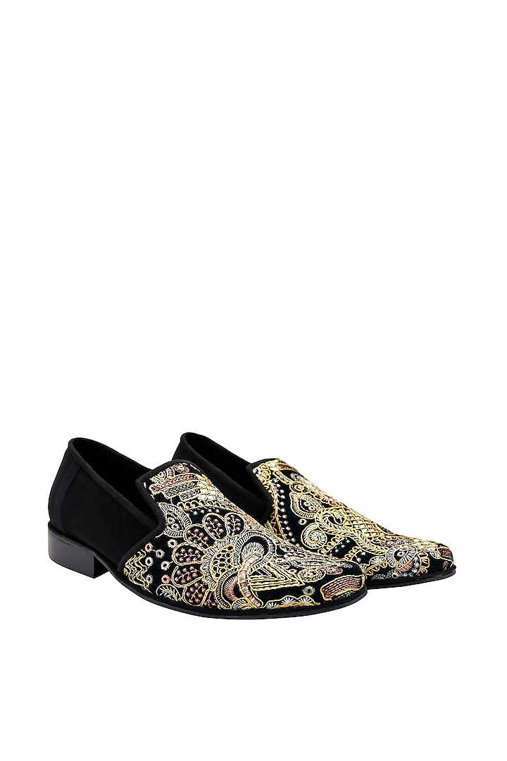 Black Suede Embroidered Handcrafted Loafers by PAKO