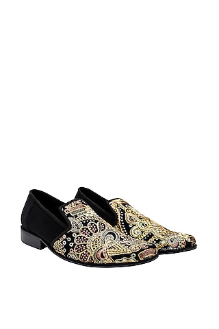 Black Suede Embroidered Handcrafted Loafers by PAKO