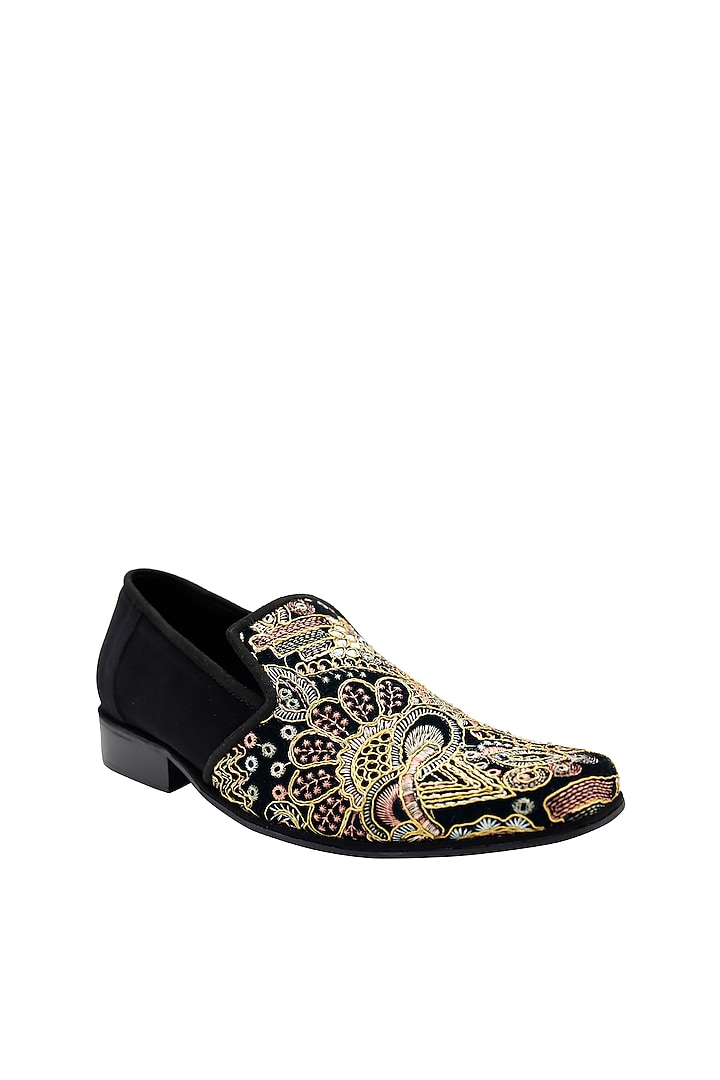Black Suede Embroidered Handcrafted Loafers by PAKO at Pernia's Pop Up Shop