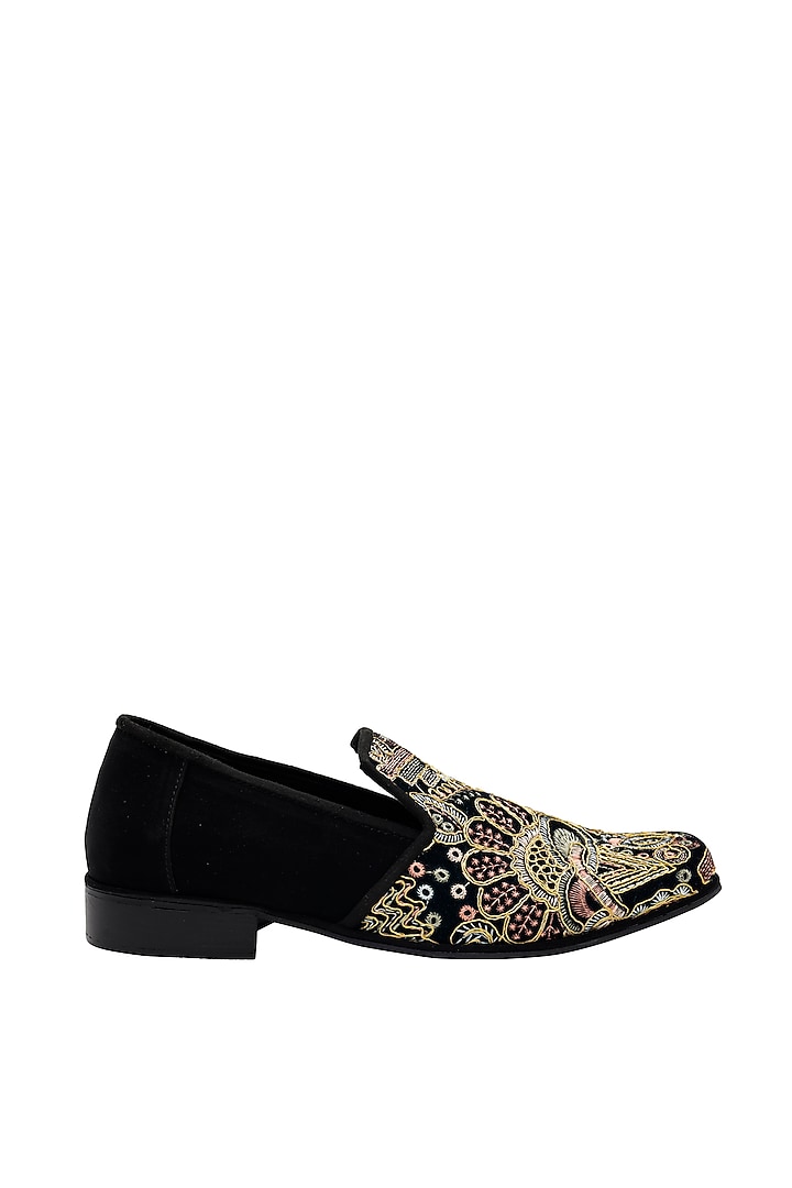Black Suede Embroidered Handcrafted Loafers by PAKO at Pernia's Pop Up Shop