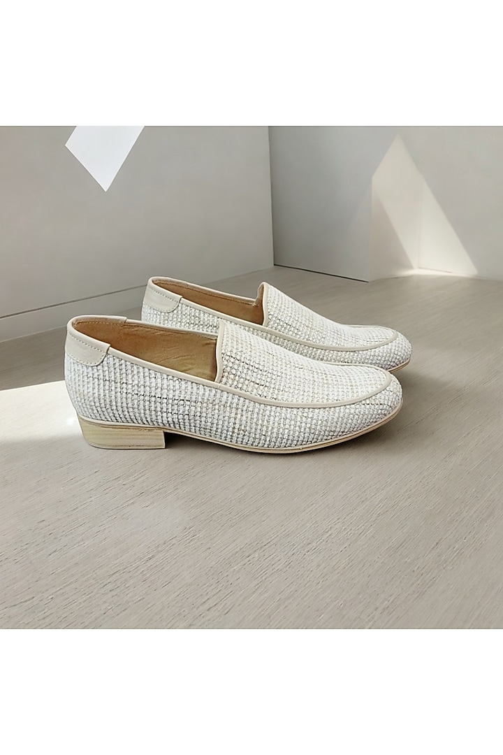 Cream Tweed Handcrafted Loafers by PAKO at Pernia's Pop Up Shop