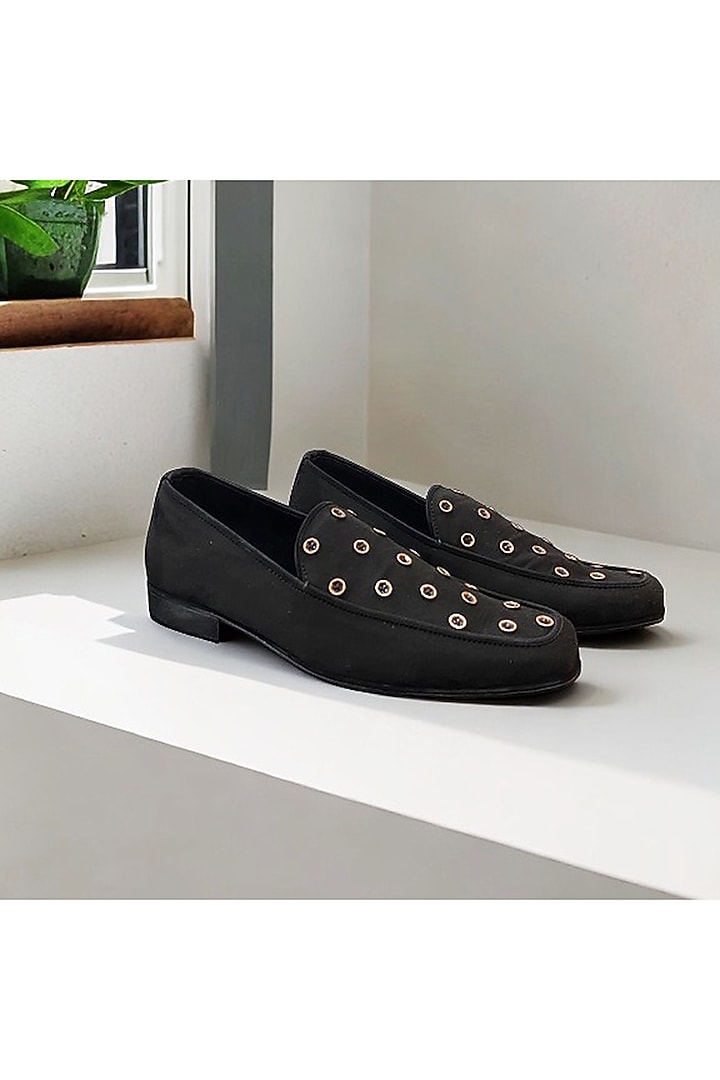 Black Suede Embroidered Handcrafted Loafers by PAKO at Pernia's Pop Up Shop