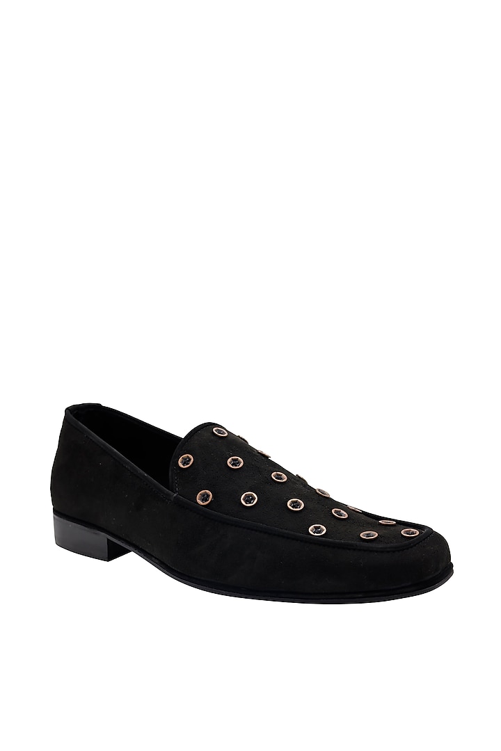 Black Suede Embroidered Handcrafted Loafers by PAKO at Pernia's Pop Up Shop