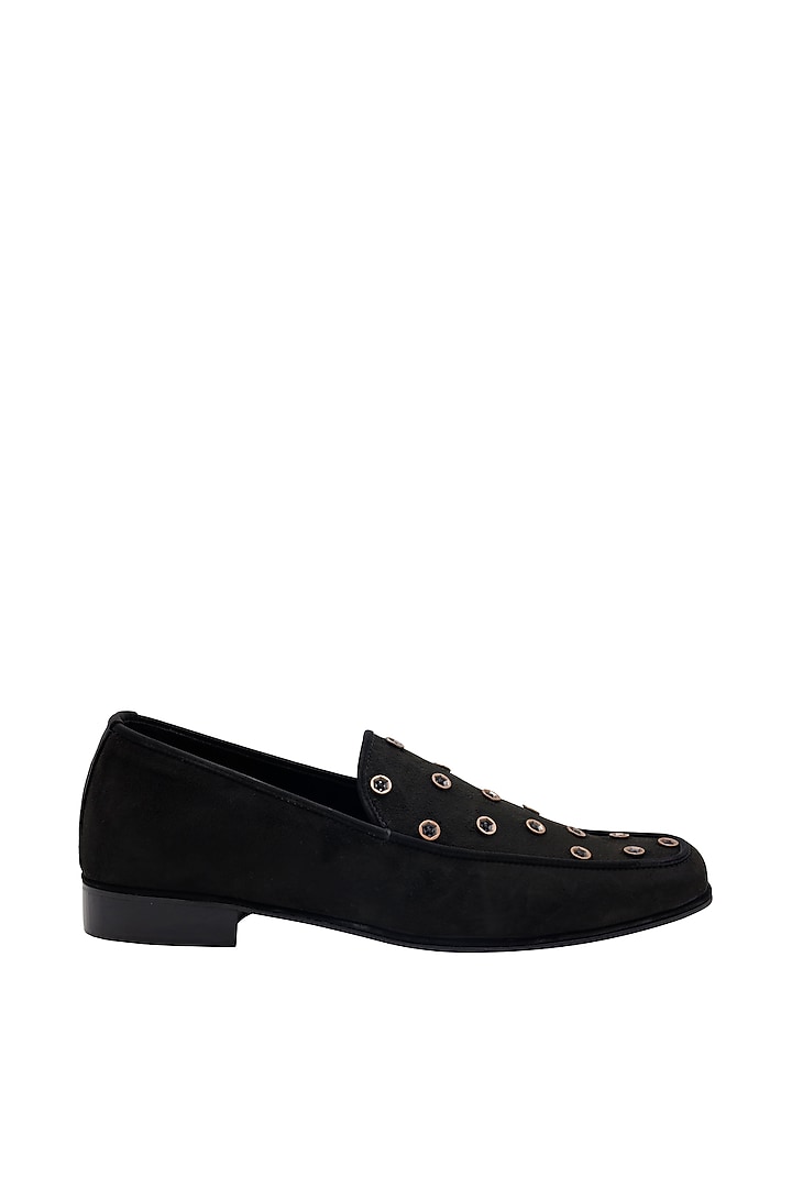 Black Suede Embroidered Handcrafted Loafers by PAKO at Pernia's Pop Up Shop