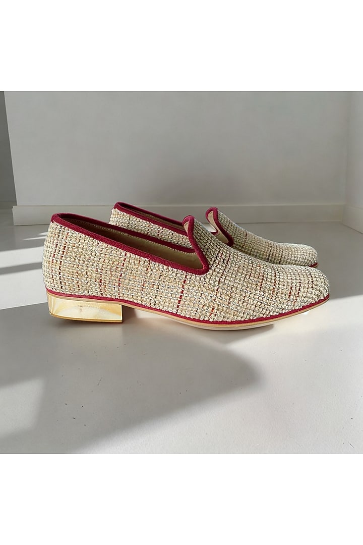 Cream & Maroon Tweed Handcrafted Loafers by PAKO at Pernia's Pop Up Shop