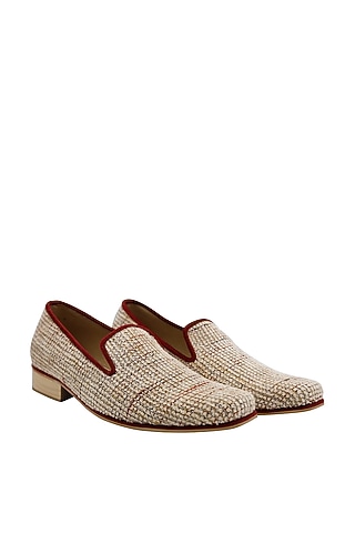 Cream & Maroon Tweed Handcrafted Loafers by PAKO