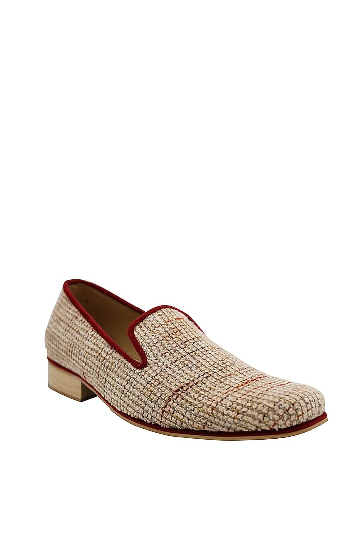 Cream & Maroon Tweed Handcrafted Loafers by PAKO at Pernia's Pop Up Shop