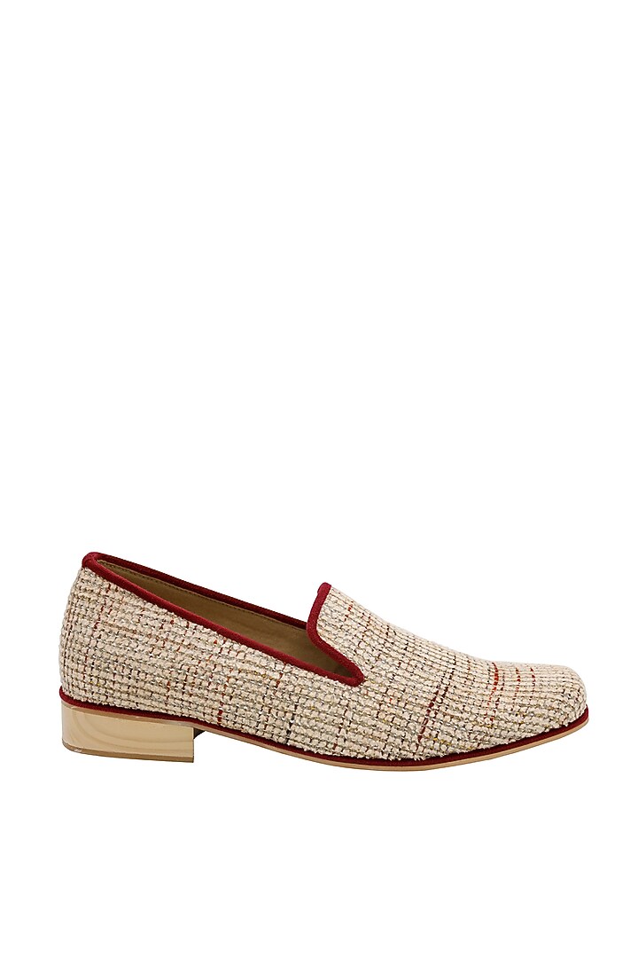Cream & Maroon Tweed Handcrafted Loafers by PAKO at Pernia's Pop Up Shop