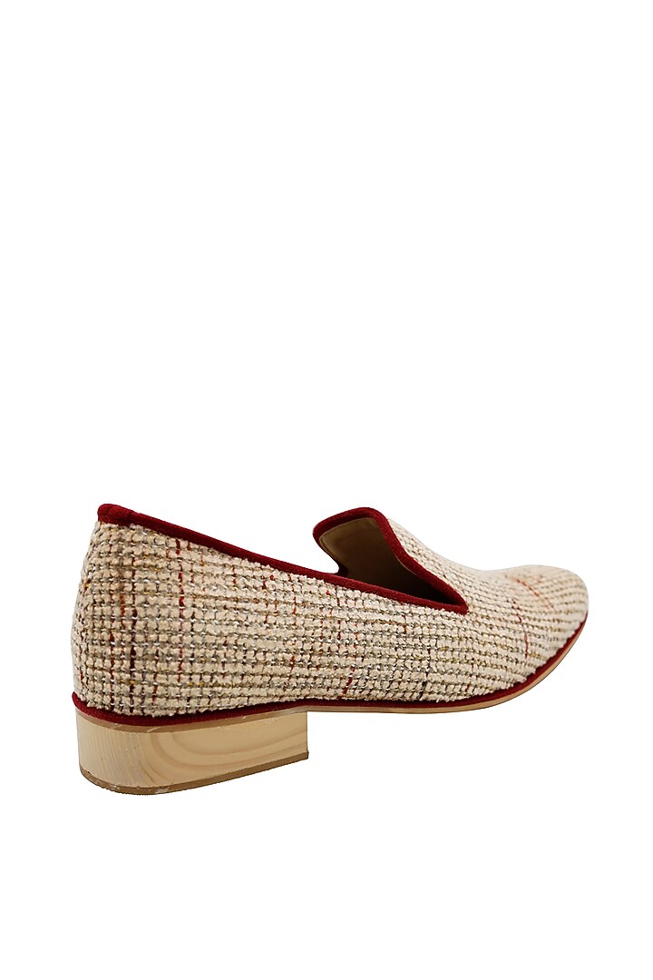 Cream & Maroon Tweed Handcrafted Loafers by PAKO at Pernia's Pop Up Shop
