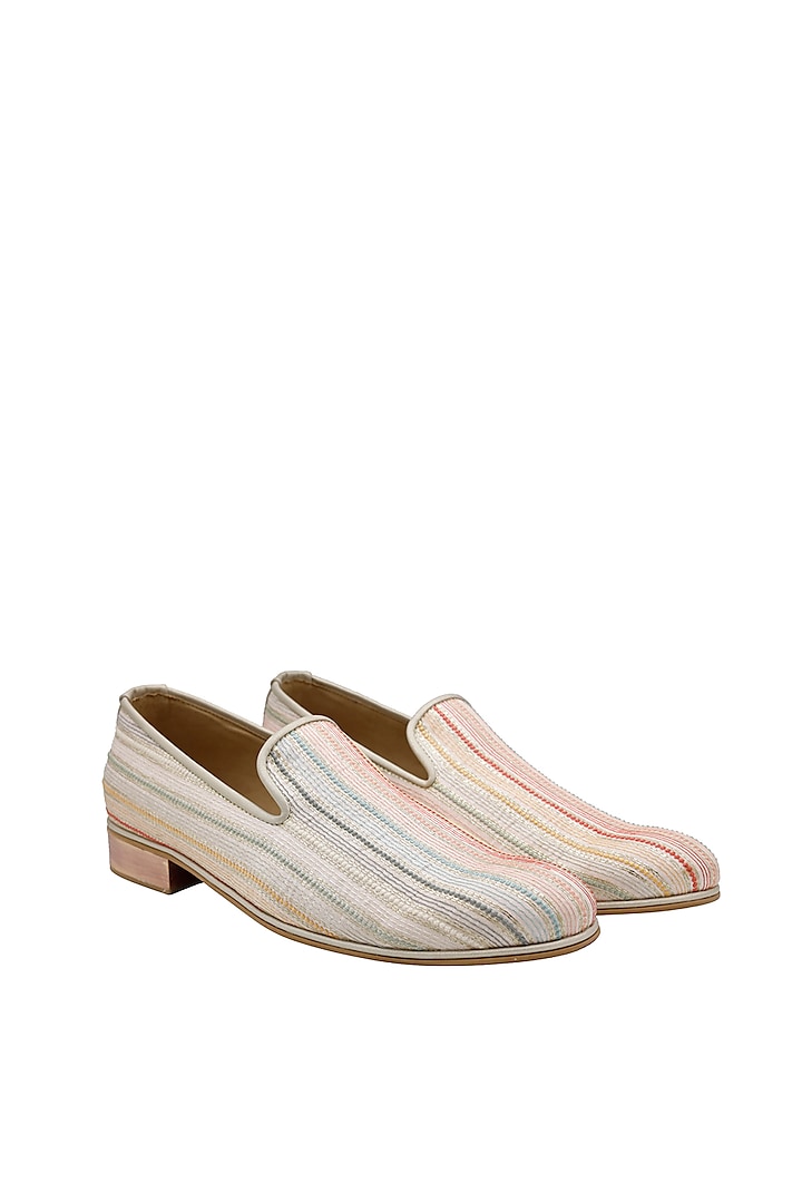 Cream Woven Fabric Handcrafted Loafers by PAKO