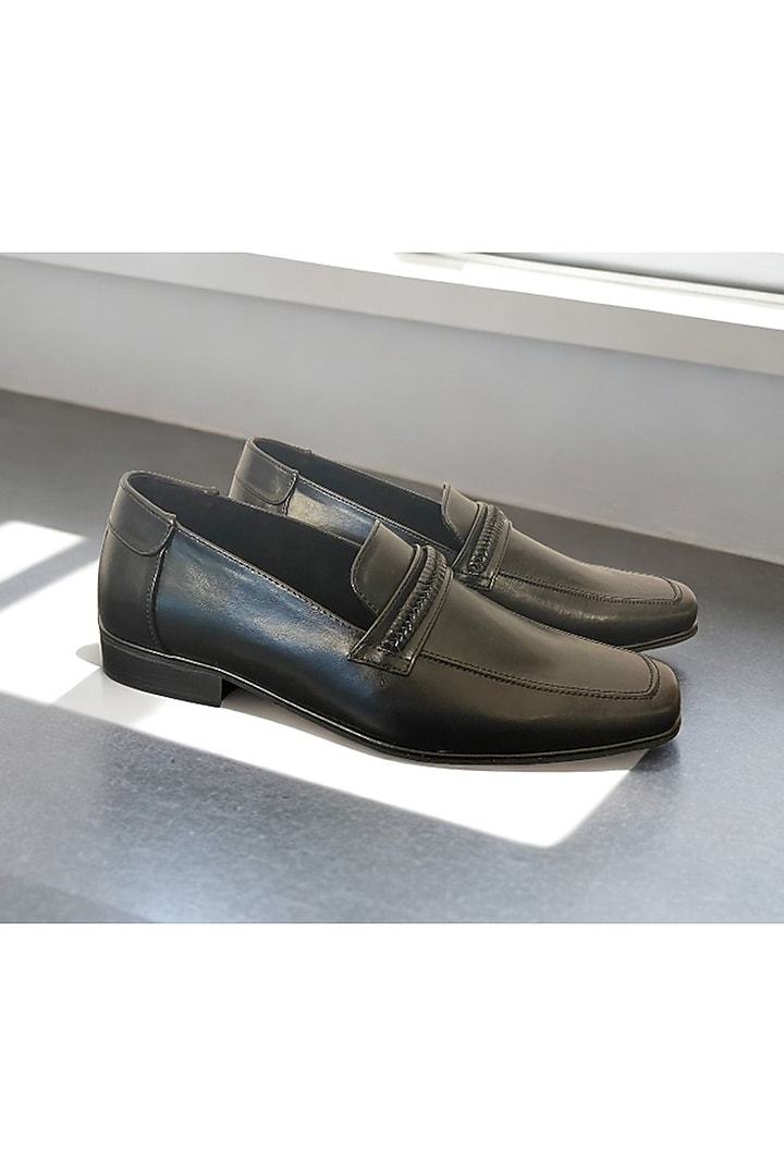 Black Faux Leather Handcrafted Loafers by PAKO at Pernia's Pop Up Shop