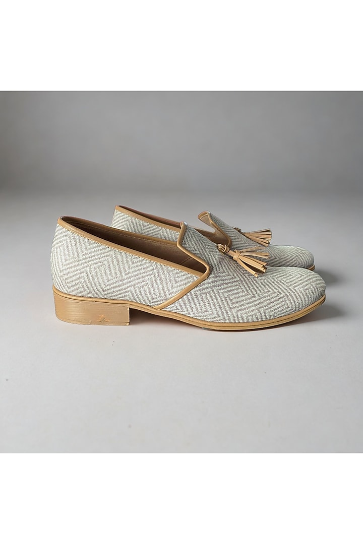 Cream Micro-Suede Printed Handcrafted Loafers by PAKO at Pernia's Pop Up Shop