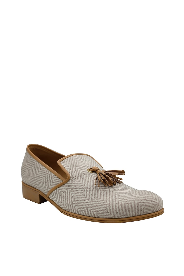 Cream Micro-Suede Printed Handcrafted Loafers by PAKO at Pernia's Pop Up Shop