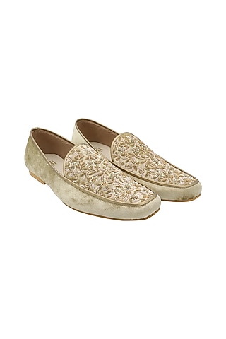 Cream & Gold Embroidered Loafers by PAKO
