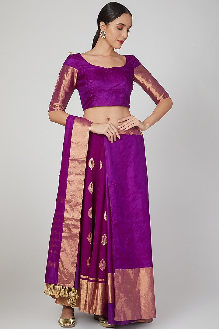 Purple Silk Saree Lehenga Set by Vaishali S