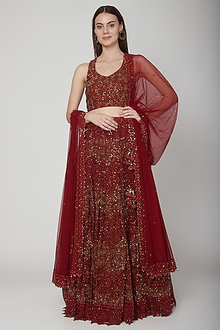 Maroon Net Mirror Embroidered Chikankari Lehenga Set by Vandana Sethi