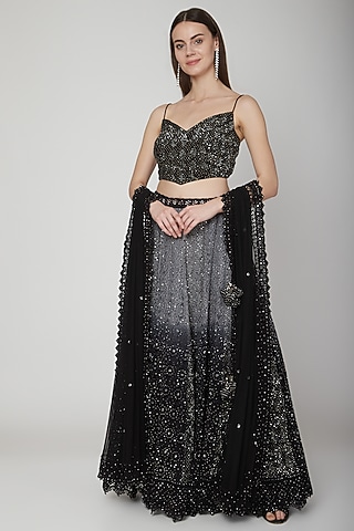 Black Net Mirror Embroidered Chikankari Lehenga Set by Vandana Sethi