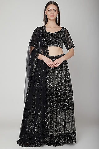 Black Net Mirror Embroidered Chikankari Lehenga Set by Vandana Sethi