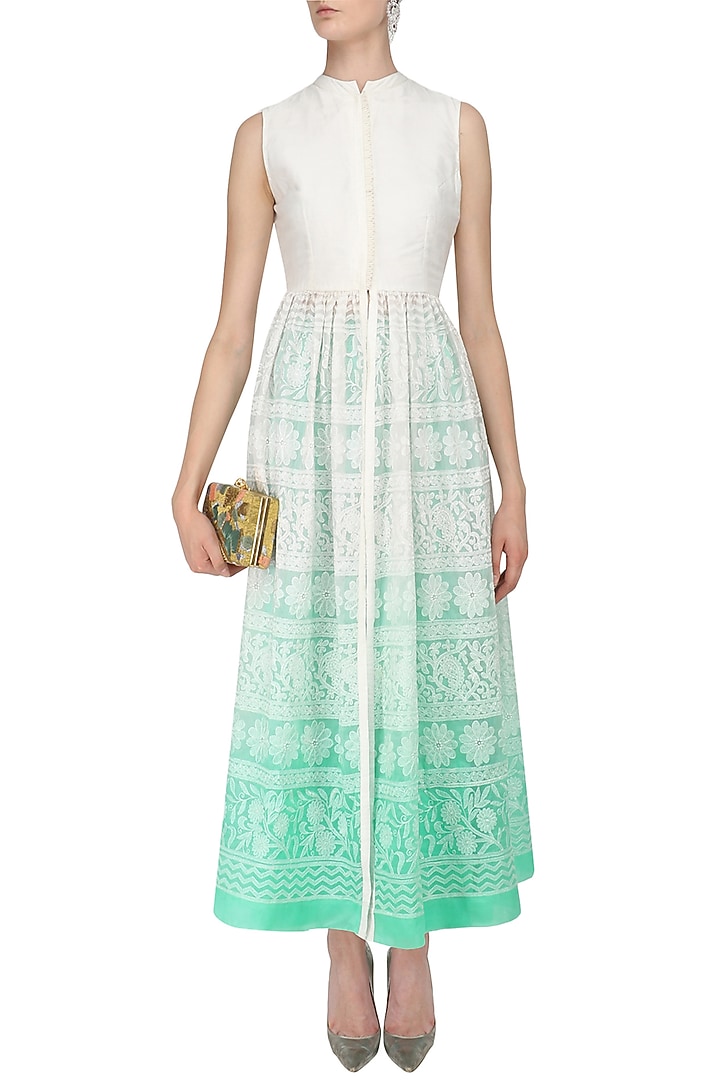 Off white to turquoise chikankari jacket tunic and pants set available only at Pernia's Pop Up Shop.