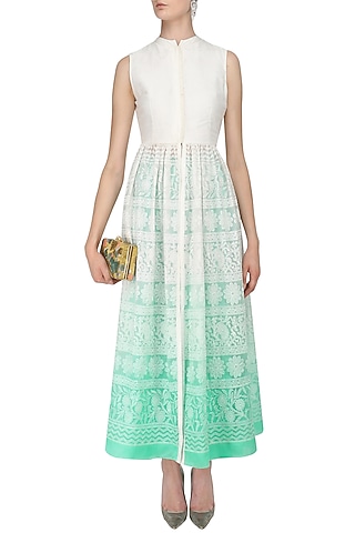 Off White To Turquoise Chikankari Jacket Tunic and Pants Set by Vasavi Shah