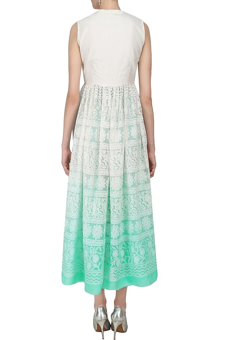Off white to turquoise chikankari jacket tunic and pants set available only at Pernia's Pop Up Shop.
