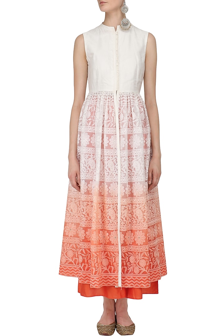 Off white to orange chikankari jacket tunic and pants set available only at Pernia's Pop Up Shop.