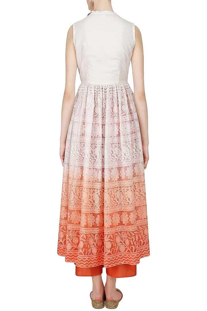 Off white to orange chikankari jacket tunic and pants set available only at Pernia's Pop Up Shop.