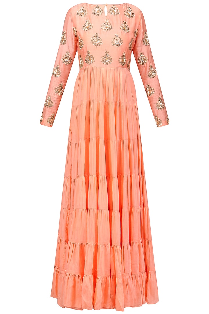 Peach embroidered tier kurta available only at Pernia's Pop Up Shop.