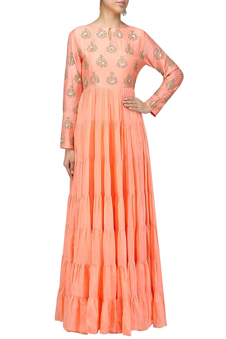 Peach embroidered tier kurta available only at Pernia's Pop Up Shop.