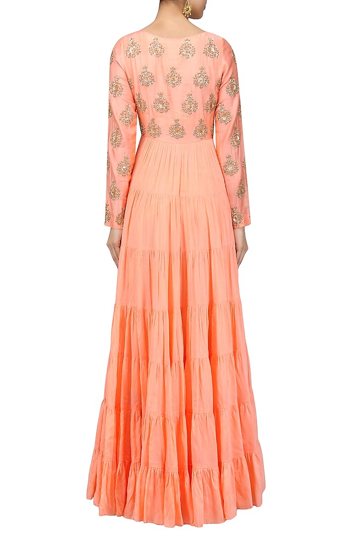 Peach embroidered tier kurta available only at Pernia's Pop Up Shop.