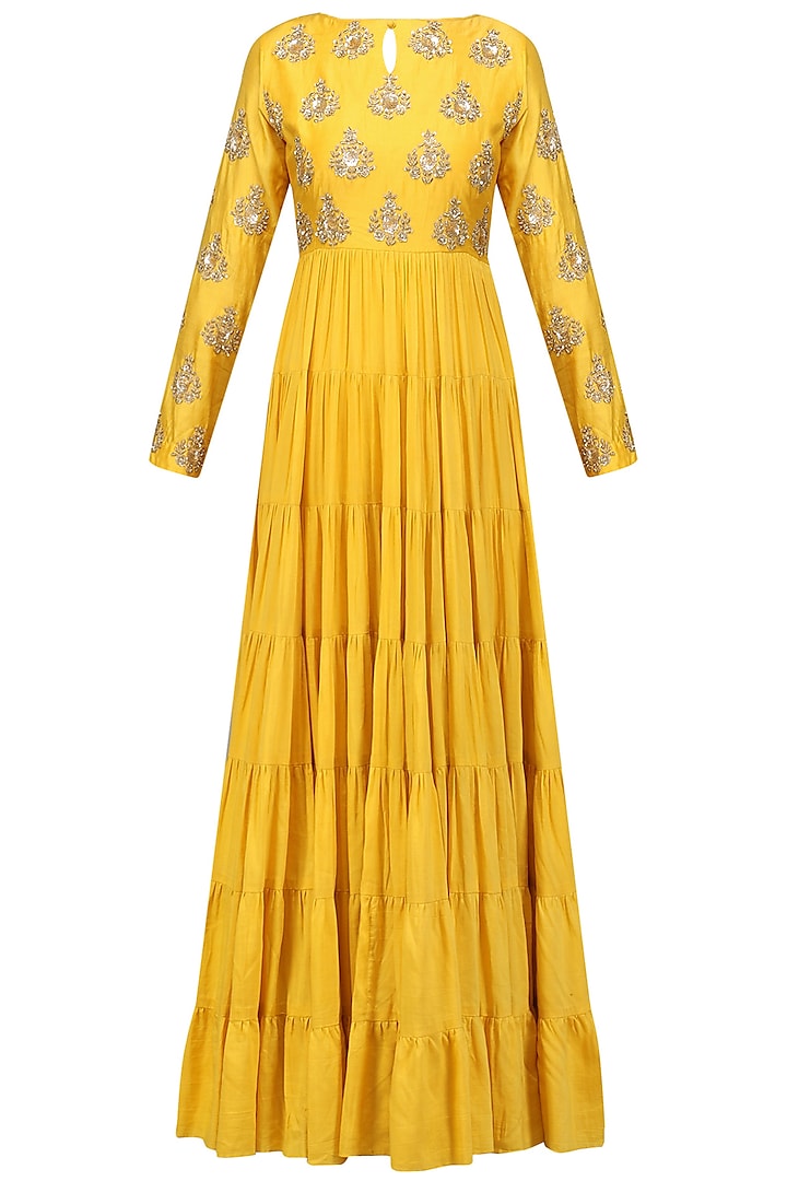 Mustard yellow embroidered tier kurta available only at Pernia's Pop Up Shop.