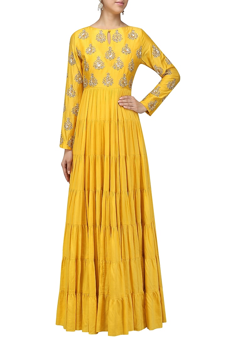 Mustard yellow embroidered tier kurta available only at Pernia's Pop Up Shop.