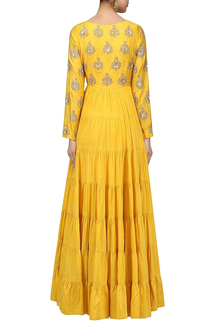 Mustard yellow embroidered tier kurta available only at Pernia's Pop Up Shop.