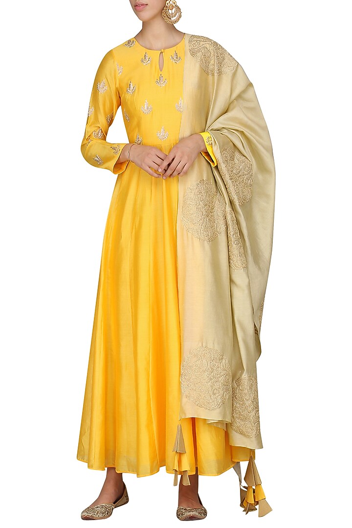 Yellow embroidered anarkali with dupatta available only at Pernia's Pop Up Shop.