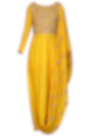 Mustard draped kurta with leggings available only at Pernia's Pop Up Shop.