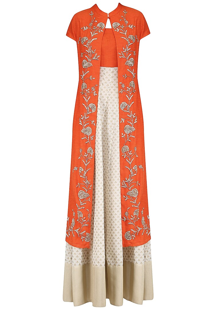 Off White and Orange Printed Kurta Set with Embroidered Jacket by Vasavi Shah