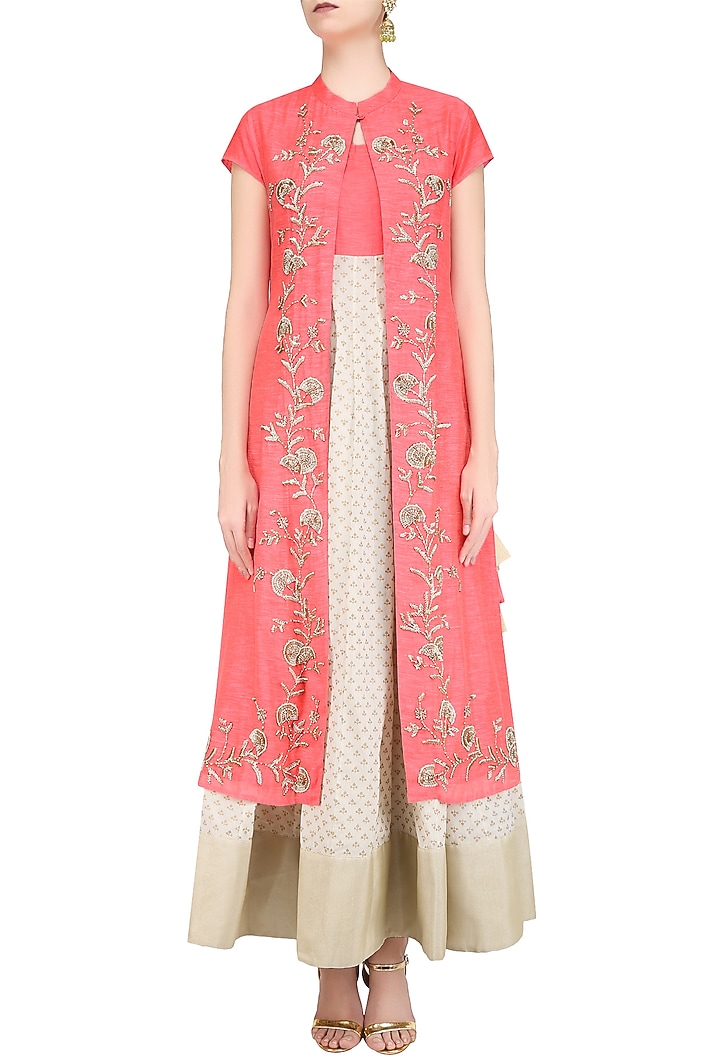 Off white and peach printed kurta set with embroidered jacket available only at Pernia's Pop Up Shop.