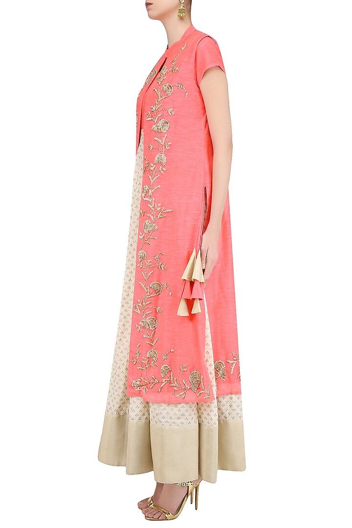 Off white and peach printed kurta set with embroidered jacket available only at Pernia's Pop Up Shop.