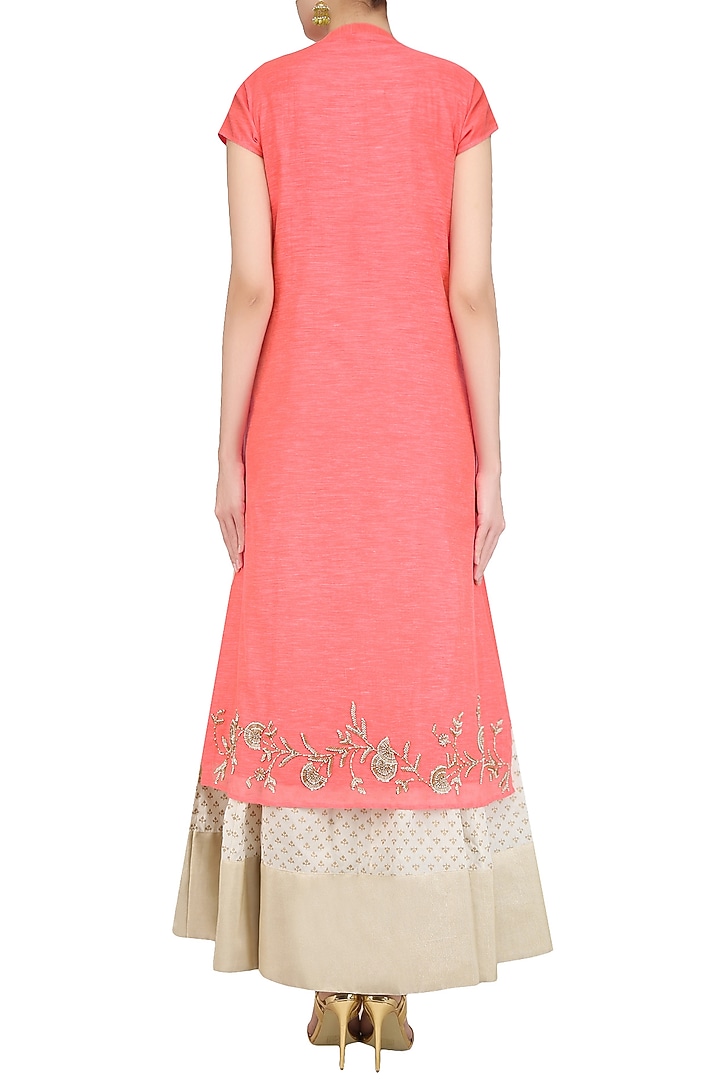 Off white and peach printed kurta set with embroidered jacket available only at Pernia's Pop Up Shop.
