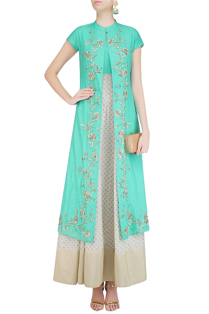 Off white and turquoise printed kurta set with embroidered jacket available only at Pernia's Pop Up Shop.