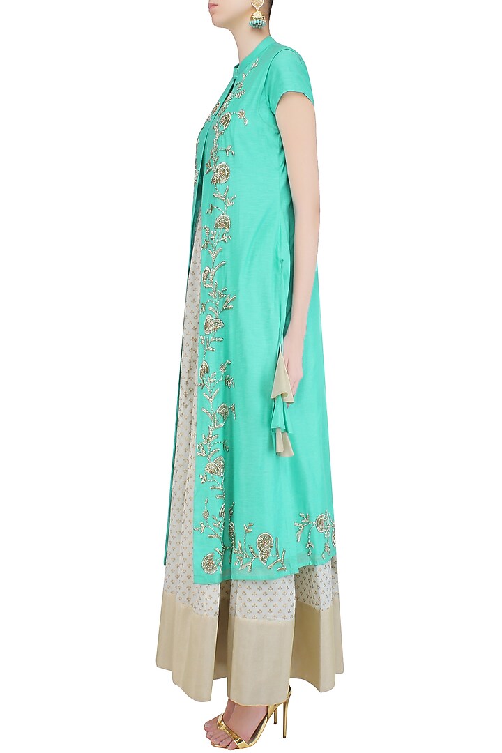 Off white and turquoise printed kurta set with embroidered jacket available only at Pernia's Pop Up Shop.
