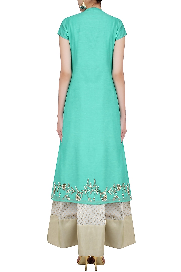 Off white and turquoise printed kurta set with embroidered jacket available only at Pernia's Pop Up Shop.