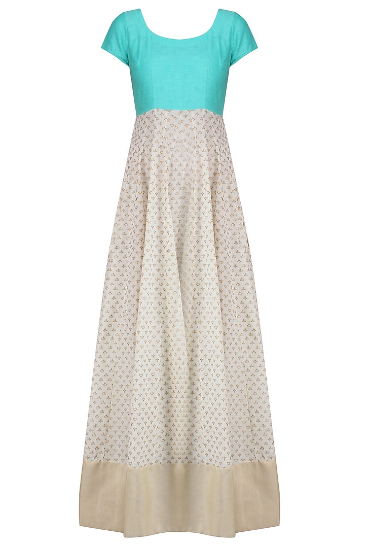 Off white and turquoise printed kurta set with embroidered jacket available only at Pernia's Pop Up Shop.
