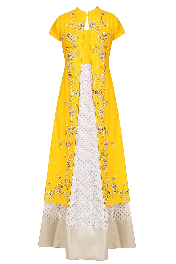 Off White and Yellow Printed Kurta Set with Embroidered Jacket by Vasavi Shah