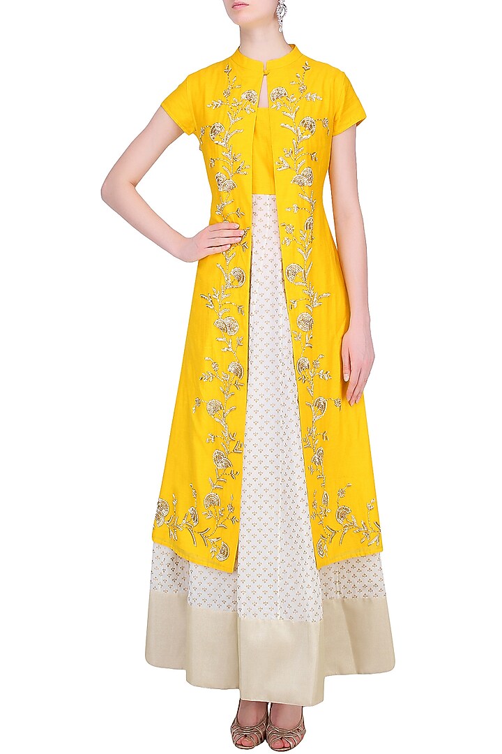 Off white and yellow printed kurta set with embroidered jacket available only at Pernia's Pop Up Shop.