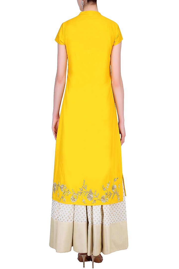 Off white and yellow printed kurta set with embroidered jacket available only at Pernia's Pop Up Shop.